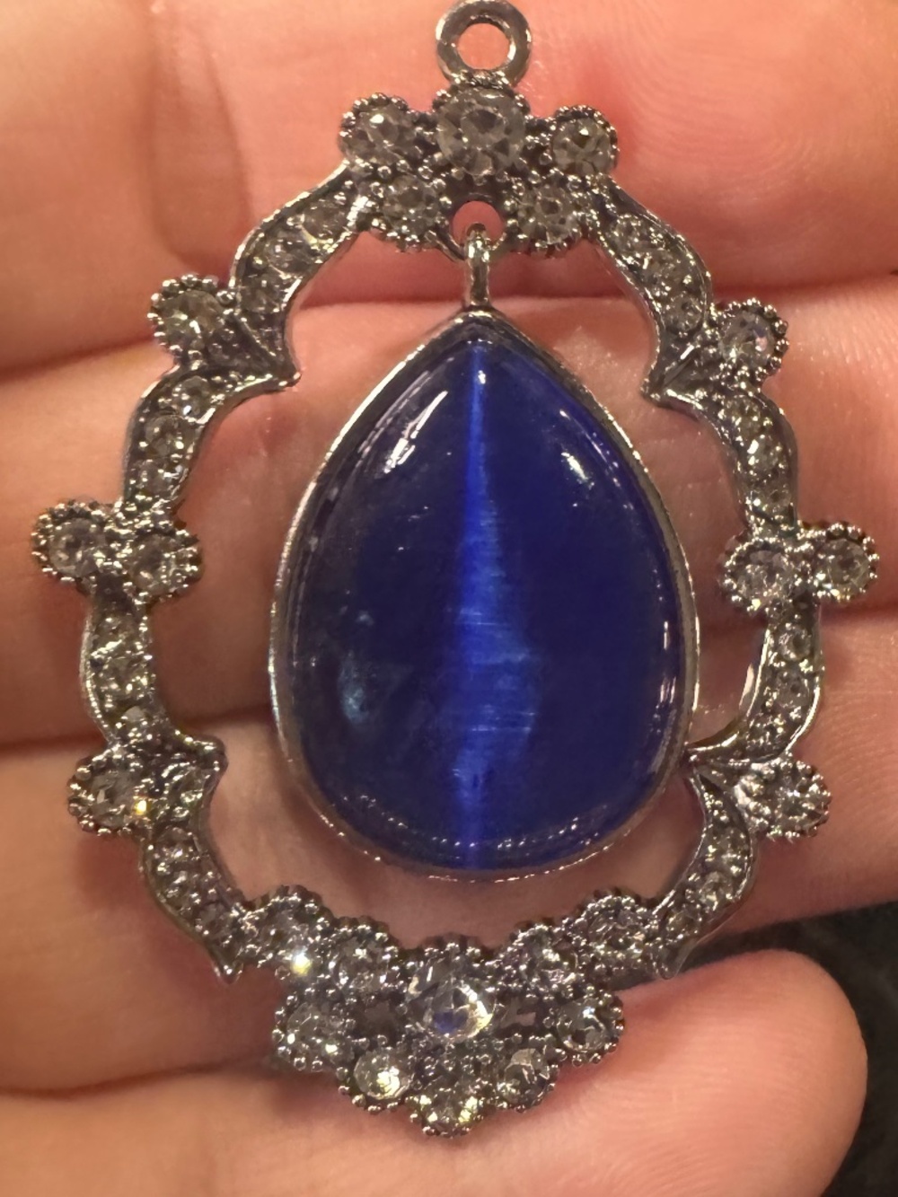 Blue Cat's Eye Glass Teardrop Pendant-Rhinestone Filigree- Silver Tone -Vintage